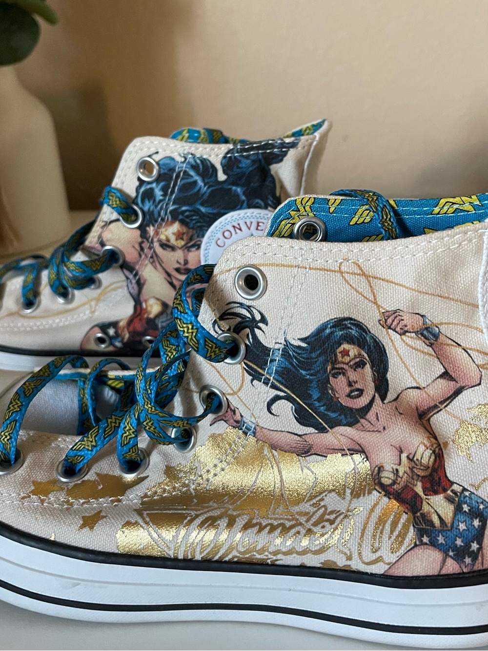 Converse Wonder Woman High Top Sneakers — White with Blue & Gold Accents 8 - Picture 3 of 12